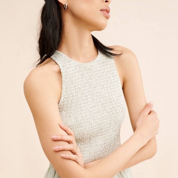 Madewell Smocked Sleeveless Midi Dress in Pistachio Stripe Size Small - Picture 2 of 10